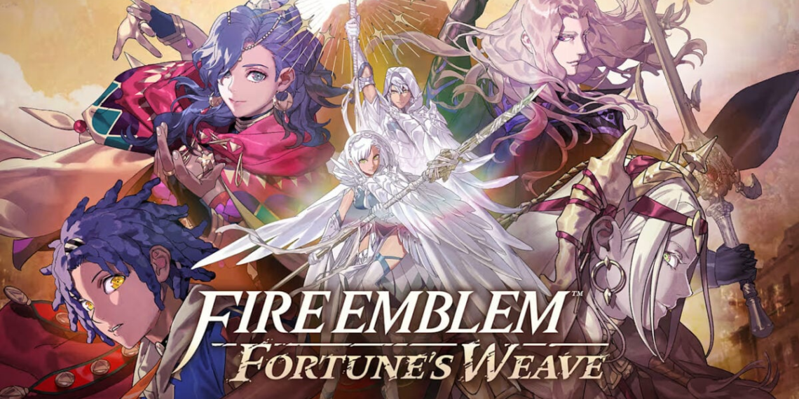 Ilustración del videojuego Fire Emblem Fortune's Weave mostrando a los protagonistas en un mapa táctico.