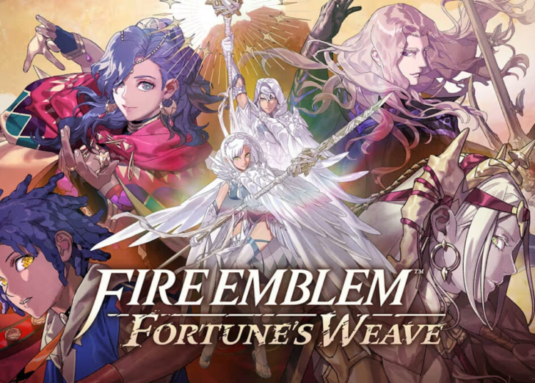 Ilustración del videojuego Fire Emblem Fortune's Weave mostrando a los protagonistas en un mapa táctico.