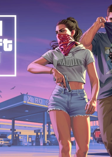 Imagen de los protagonistas de GTA 6 con el logo de fondo