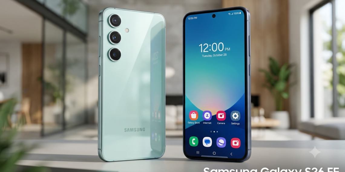 Concepto del smartphone Samsung Galaxy S26 FE mostrando el módulo de cámaras traseras.