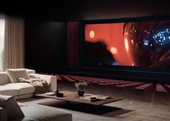 Televisor Sony BRAVIA 9 M2 en un salón moderno mostrando una imagen de alto contraste.
