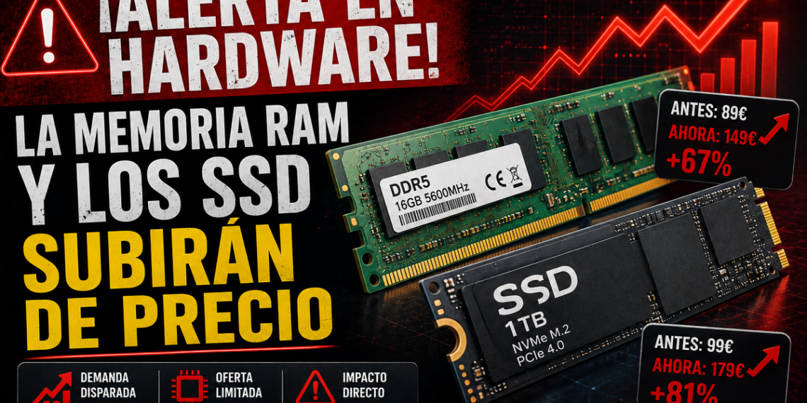 Módulos de memoria RAM DDR5 y disco SSD NVMe sobre un fondo de circuitos electrónicos con símbolos de subida de precios.