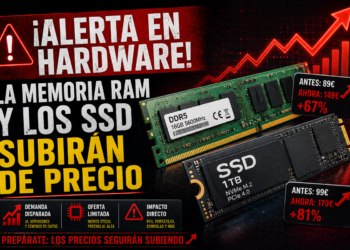 Módulos de memoria RAM DDR5 y disco SSD NVMe sobre un fondo de circuitos electrónicos con símbolos de subida de precios.