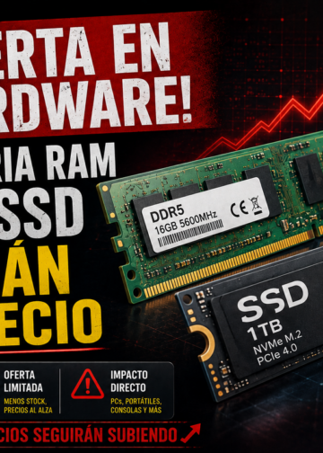 Módulos de memoria RAM DDR5 y disco SSD NVMe sobre un fondo de circuitos electrónicos con símbolos de subida de precios.