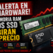Módulos de memoria RAM DDR5 y disco SSD NVMe sobre un fondo de circuitos electrónicos con símbolos de subida de precios.